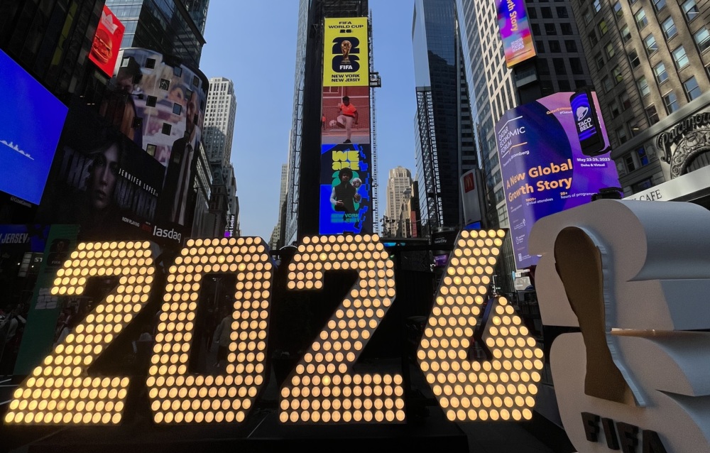 Just Ball on the big screen in Times Square during the New York / New Jersey FIFA World Cup 2026 logo unveiling